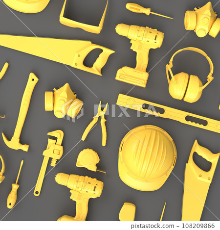 Top view of monochrome construction tools for repair on grey background 108209866