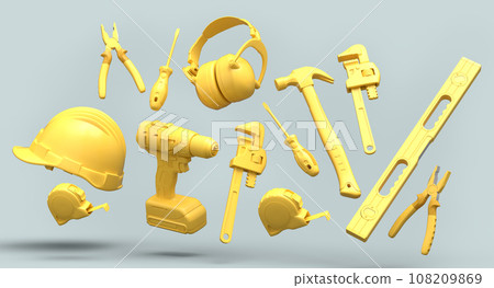 Flying view of monochrome construction tools for repair on grey background 108209869