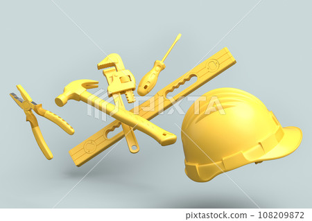 Flying view of monochrome construction tools for repair on grey background 108209872