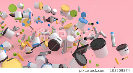 Many of flying plastic cans or buckets with paint roller, brush on pink Many of flying plastic cans or buckets with paint roller, brush on pink 108209874