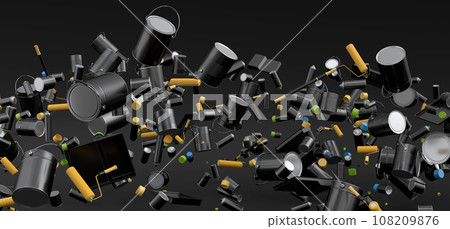 Many of flying metal cans or buckets with paint roller, brush on black Many of flying metal cans or buckets with paint roller, brush on black 108209876