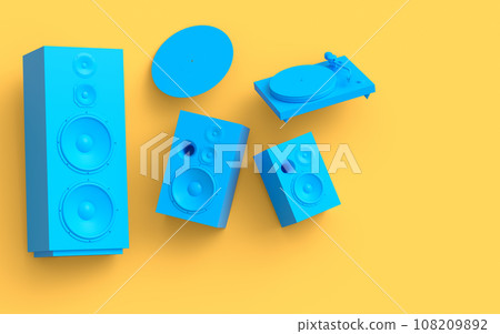 Set of Hi-fi speakers and DJ turntable for sound recording studio on monochrome Set of Hi-fi speakers and DJ turntable for sound recording studio on monochrome 108209892