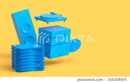 Set of Hi-fi speakers and DJ turntable with vinyl LP record on heap of covers Set of Hi-fi speakers and DJ turntable with vinyl LP record on heap of covers 108209893
