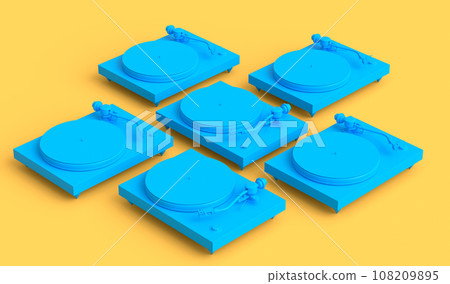 Set of vinyl record player or DJ turntable with retro vinyl disk on monochrome 108209895