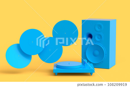 Set of Hi-fi speakers and DJ turntable for sound recording studio on monochrome 108209919