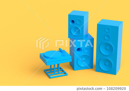 Set of Hi-fi speakers and DJ turntable for sound recording studio on monochrome Set of Hi-fi speakers and DJ turntable for sound recording studio on monochrome 108209920