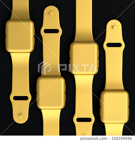 Stack of smart watches with colorful straps on black background. Stack of smart watches with colorful straps on black background. 108209946