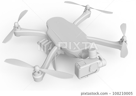 Flying photo and video drone or quad copter with action camera isolated on white 108210005
