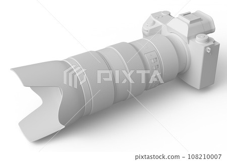 Concept of nonexistent silver DSLR camera with lens isolated on white monochrome 108210007