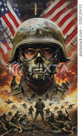 A large head in a gas mask and a military helmet painted like a globe against the backdrop of military operations in the air and on land. The concept of the third world war. 108210413