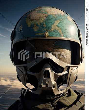 A large head in a gas mask and a military helmet painted like a globe against the backdrop of military operations in the air and on land. The concept of the third world war. 108210418