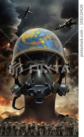 A large head in a gas mask and a military helmet painted like a globe against the backdrop of military operations in the air and on land. The concept of the third world war. A large head in a gas mask and a military helmet painted like a globe against the backdrop of military operations in the air and on land. The concept of the third world war. 108210426