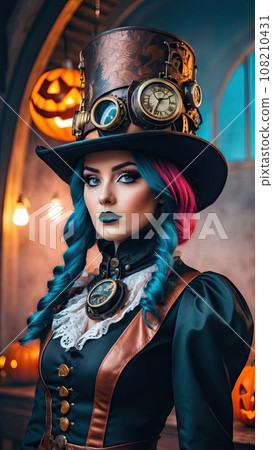 Steampunk girl celebrates Halloween with a smiling pumpkin. Steampunk girl celebrates Halloween with a smiling pumpkin. 108210431
