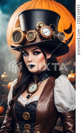 Steampunk girl celebrates Halloween with a smiling pumpkin.  108210433