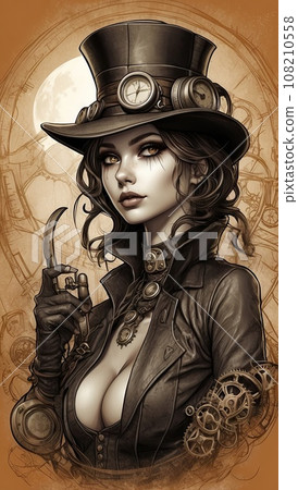 portrait of a beautiful woman with steampunk style.  108210558