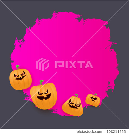 Halloween web grunge pink Banner or poster with Halloween scary pumpkins isolated on grey background . Funky kids Halloween banner with space for greeting text or sale Halloween web grunge pink Banner or poster with Halloween scary pumpkins isolated on grey background . Funky kids Halloween banner with space for greeting text or sale 108211333