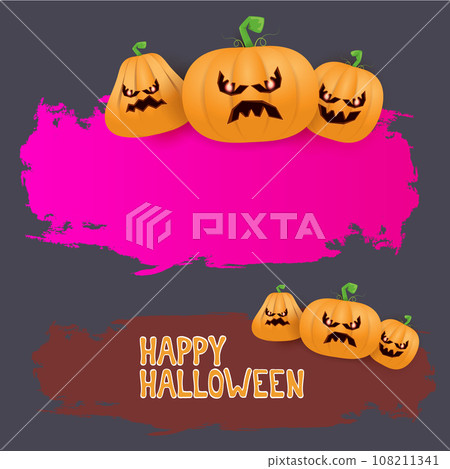 Halloween web grunge pink Banner or poster with Halloween scary pumpkins isolated on grey background . Funky kids Halloween banner with space for greeting text or sale 108211341