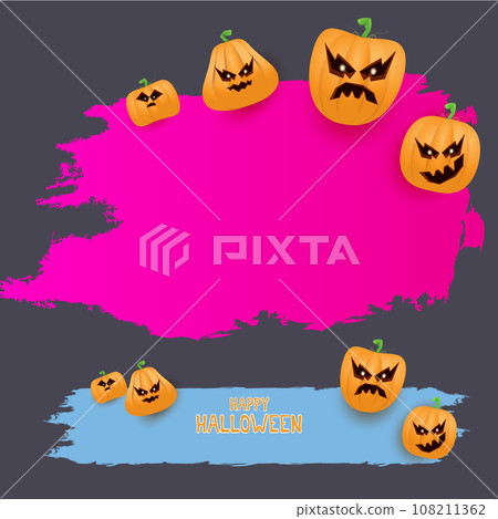 Halloween web grunge pink Banner or poster with Halloween scary pumpkins isolated on grey background . Funky kids Halloween banner with space for greeting text or sale 108211362