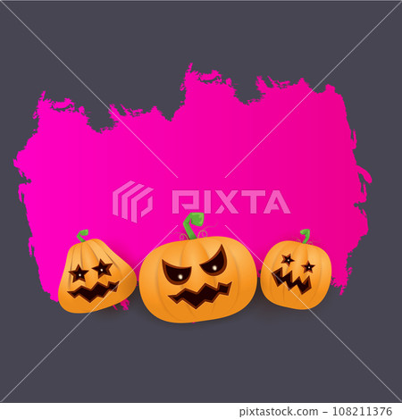 Halloween web grunge pink Banner or poster with Halloween scary pumpkins isolated on grey background . Funky kids Halloween banner with space for greeting text or sale 108211376