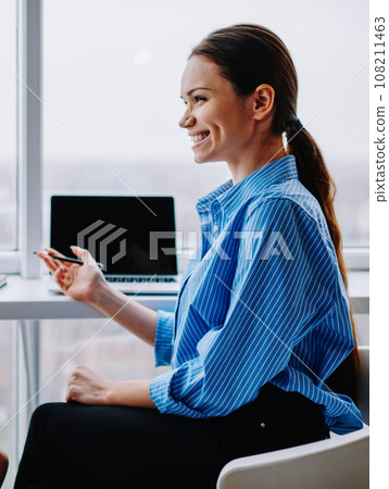 happy hr manager having meeting with woman applicant for vacancy in company happy hr manager having meeting with woman applicant for vacancy in company 108211463