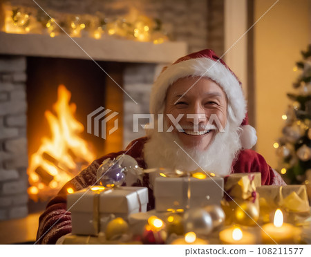 Santa Claus giving Christmas presents in the fireplace room Santa Claus giving Christmas presents in the fireplace room 108211577