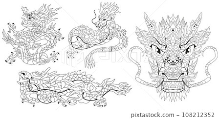 Zentangle dragons. Hand drawn decorative vector illustration for coloring 108212352