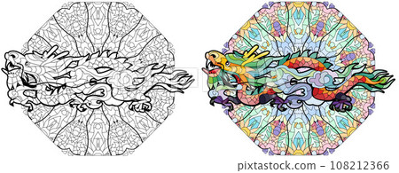 Zentangle dragon on mandala for coloring. Hand drawn decorative vector illustration. Color and outline set 108212366