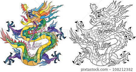 Zentangle dragon. Hand drawn decorative vector illustration for coloring. Color and outline set 108212382