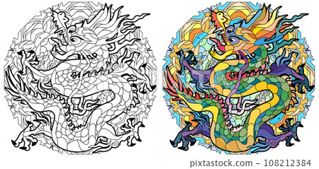 Zentangle dragon on mandala for coloring. Hand drawn decorative vector illustration. Color and outline set 108212384