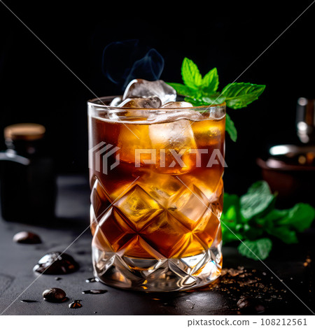 A Black Russian cocktail in crystal-clear glass sits against a black background A Black Russian cocktail in crystal-clear glass sits against a black background 108212561