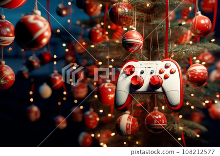 A close up view of a Christmas fir tree frond or a green pine tree branch with joystick toy like Christmas Tree balls 108212577