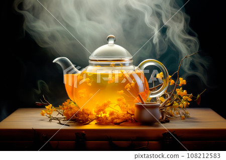 A glass teapot with yellow flowers, oolong tea in glass kettle on wooden table. Chinese traditional tea ceremony 108212583