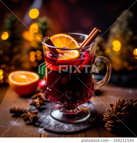 Christmas red mulled wine in a cup with cinnamon sticks, orange slices and winter decorations on wooden background Christmas red mulled wine in a cup with cinnamon sticks, orange slices and winter decorations on wooden background 108212584