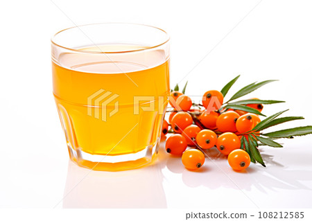 A glass of sea-buckthorn berries drink or green oolong tea isolated on white background. Chinese tea ceremony A glass of sea-buckthorn berries drink or green oolong tea isolated on white background. Chinese tea ceremony 108212585