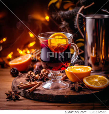 Christmas red mulled wine in a cup with cinnamon sticks, orange slices and winter decorations on wooden background Christmas red mulled wine in a cup with cinnamon sticks, orange slices and winter decorations on wooden background 108212586
