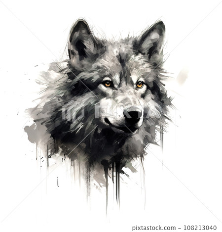 Painting of black and white wolf on white background. Wildlife Animals. Painting of black and white wolf on white background. Wildlife Animals. 108213040