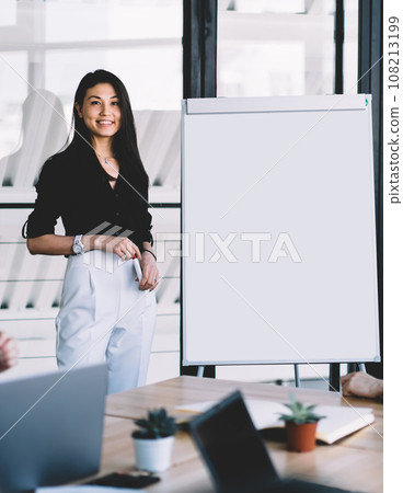 Manager during presentation on meeting with employees 108213199