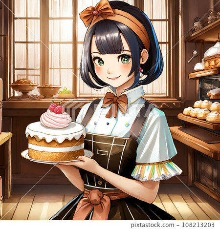A pastry chef girl making a cake in a Japanese-style shop 108213203