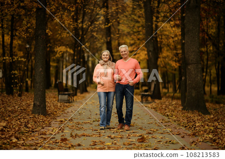 Elderly couple dance in the park in autumn. Elderly couple dance in the park in autumn. 108213583