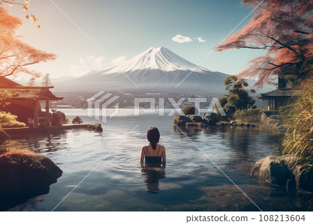 young beautiful woman swimming in lake or river on winter Fuji mountain peak, female in water at nature 108213604