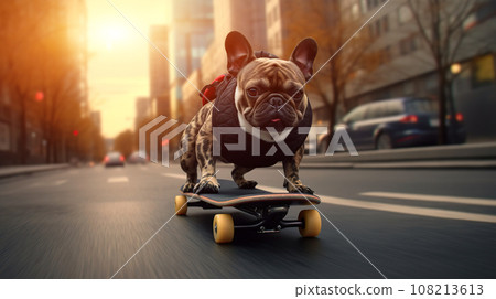cute french bulldog dog on skateboard, fun puppy skater on skate cute french bulldog dog on skateboard, fun puppy skater on skate 108213613