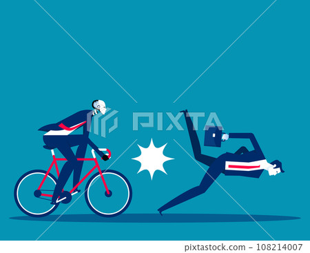 Robot driving bicycle crashed into human. Business artificial intelligence concept Robot driving bicycle crashed into human. Business artificial intelligence concept 108214007