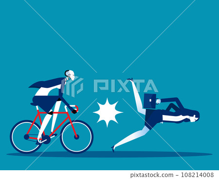Robot driving bicycle crashed into human. Business artificial intelligence concept Robot driving bicycle crashed into human. Business artificial intelligence concept 108214008
