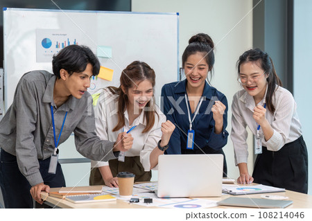 Diverse startup young people and partnership celebrate while successful project at meeting room 108214046