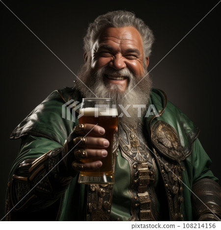 bearded red-haired superhero in a green suit drinks beer 108214156
