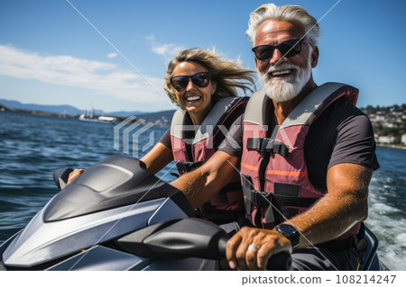 Elderly happy couple having fun on jet ski during beach island tour - Active seniors and world travel concept with seniors riding on jet ski - Warm vintage vibrant filter 108214247