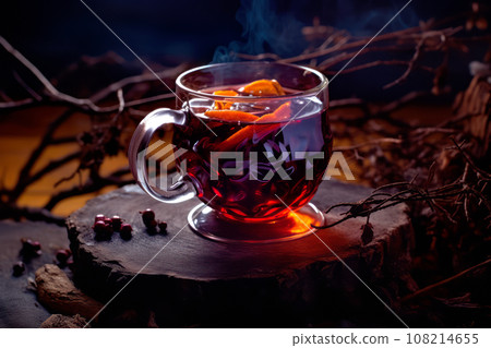 Christmas red mulled wine in a cup with cinnamon sticks, orange slices and winter decorations on wooden background 108214655