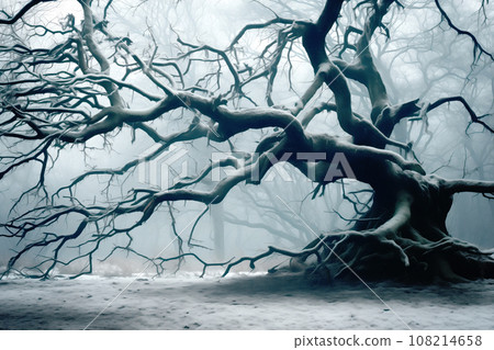 The frozen branches of a tree in a winter woods, in the style of gothic dark and moody tones. Autumn and winter mood The frozen branches of a tree in a winter woods, in the style of gothic dark and moody tones. Autumn and winter mood 108214658