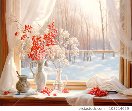 Christmas red mulled wine in a cup on wooden table, decorated with berries near window with snow scenes 108214659