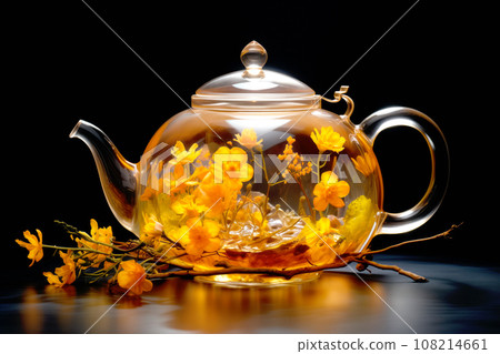 A glass teapot with yellow flowers, oolong tea in glass kettle on wooden table. Chinese traditional tea ceremony A glass teapot with yellow flowers, oolong tea in glass kettle on wooden table. Chinese traditional tea ceremony 108214661